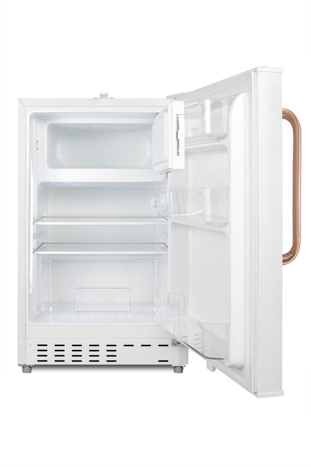 Built-in undercounter, ADA compliant refrigerator-freezer in white, designed for general purpose storage, with pure copper towel bar handle, manual defrost with glass shelves, front lock, and door storage